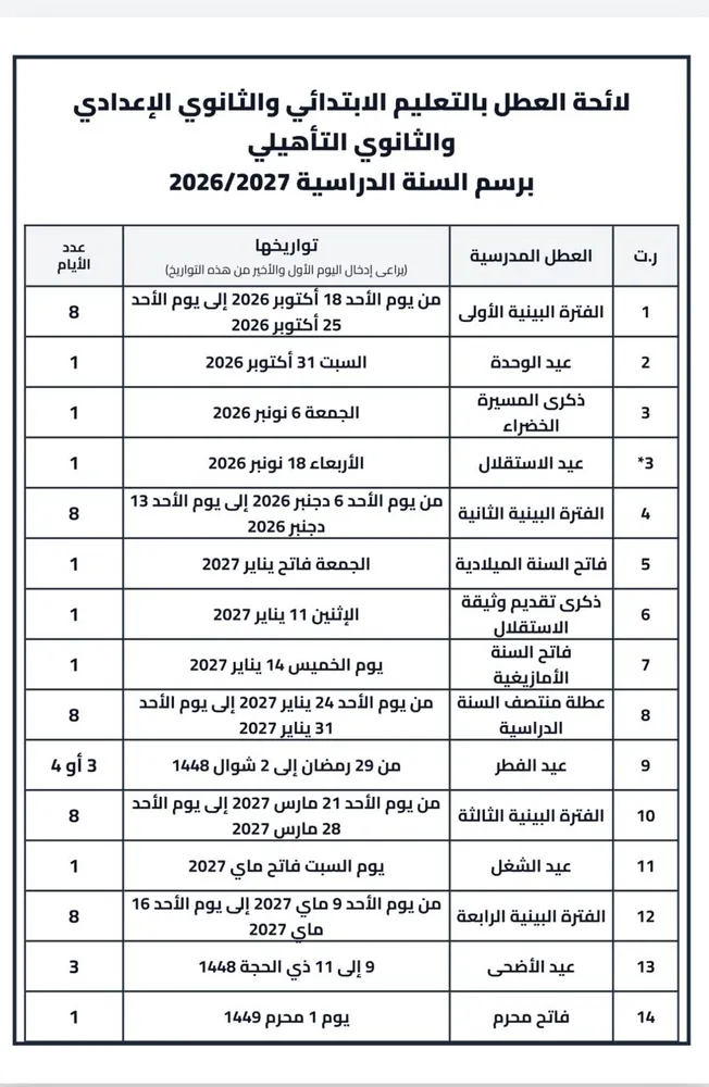 لايحة العطل المدرسية لسنة 2027/2026